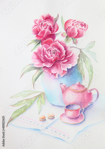 Watercolor. Tea party with peonies.