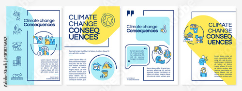 Climate change consequences blue and yellow brochure template. Booklet print design with linear icons. Vector layouts for presentation, annual reports, ads. Questrial, Lato-Regular fonts used