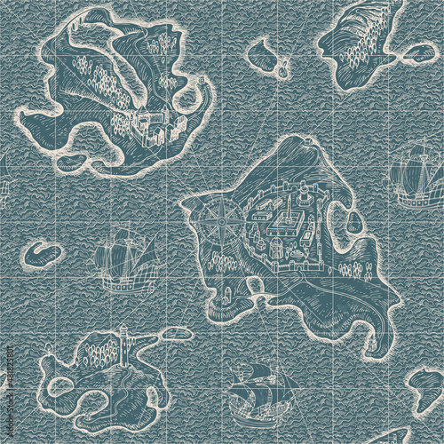 Decorative seamless pattern with hand-drawn islands, old ships and sea waves on a grey backdrop. Monochrome vector background in retro style. Chalk drawing. Wallpaper, wrapping paper or fabric design
