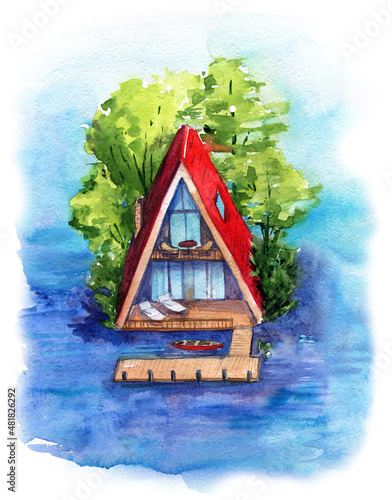 house watercolor roof water jetty trees island isolation outdoor recreation hotel country house cute isolated summer deck chair