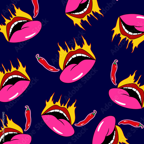 Flaming lips pattern. Hot chili peppers. Cartoon design. Blue background. Modern cover. Vector stock illustration. Flame. Isolated.