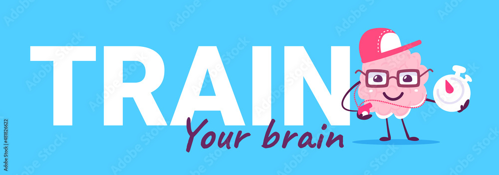 Vector illustration of happy pink brain character in glasses and cap with stopwatch and whistle on color background. Flat doodle style knowledge concept design of happy brain character with word train Vector illustration of happy pink brain character in glasses and cap with stopwatch and whistle on color background. Flat doodle style knowledge concept design of happy brain character with word train