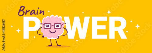 Vector concept illustration of happy pink brain character in glasses and word brain power on yellow color background. Flat doodle style knowledge creative design of happy human brain character