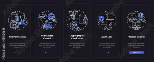 Integrity night mode onboarding mobile app screen. Sensitive data walkthrough 5 steps graphic instructions pages with linear concepts. UI, UX, GUI template. Myriad Pro-Bold, Regular fonts used