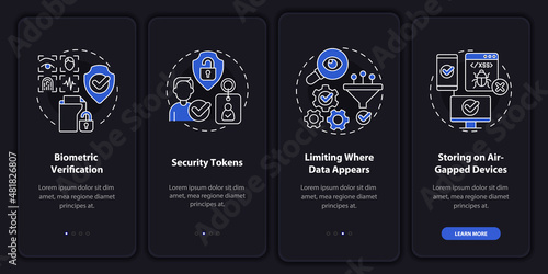 Confidentiality countermeasures night mode onboarding mobile app screen. Walkthrough 4 steps graphic instructions pages with linear concepts. UI, UX, GUI template. Myriad Pro-Bold, Regular fonts used