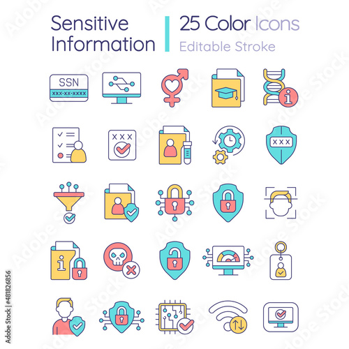 Sensitive information RGB color icons set. Personal data protection. Safe privacy. Isolated vector illustrations. Simple filled line drawings collection. Editable stroke. Quicksand-Light font used
