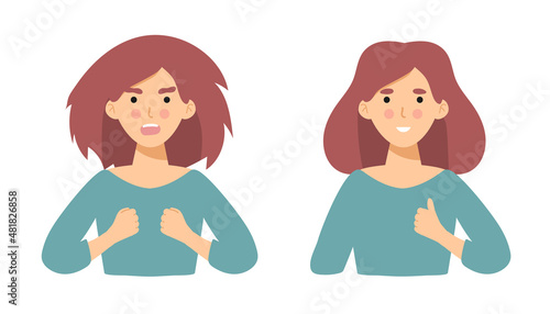 Angry woman and calm . Head Vector illustration of anger, fury, annoyance. Anger, stressed Burnout, stress, emotional problem abstract concept. Burning brain. flame. flat character before and after