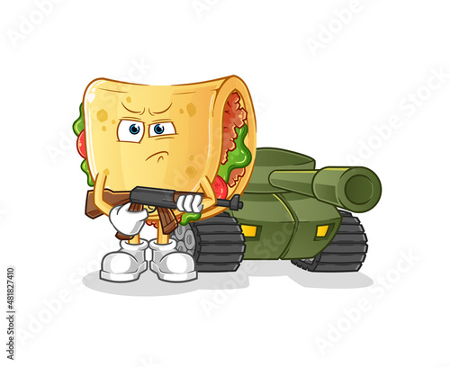taco soldier with tank character. cartoon mascot vector