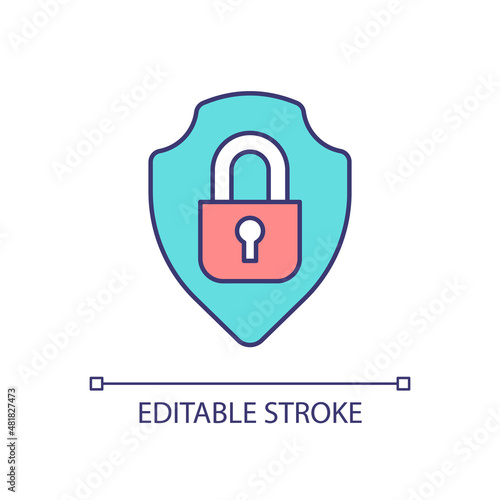 Guaranty of safety RGB color icon. Shield and padlock. Protection of personal data. Sensitive information. Isolated vector illustration. Simple filled line drawing. Editable stroke. Arial font used