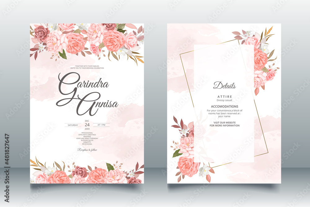 Wedding invitation template set with brown  floral and leaves premium vector