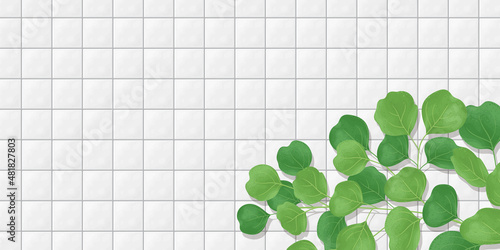 タイルの壁と植物の背景イラスト　ベクター素材　バナーサイズ