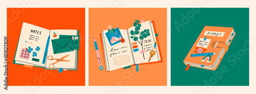 Notebooks, Organizers for to do lists, personal plans, goals. Diary with stick notes, bookmarks, envelope, pencil, pen. Set of three isolated Hand drawn modern Vector illustrations