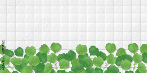 タイルの壁と植物の背景イラスト　ベクター素材　バナーサイズ