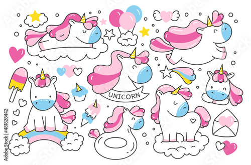 A set of children's illustrations, stickers with unicorns in the style of doodle, cartoon. Isolated on a white background. Cute hearts,ice cream,rainbow,frame. Horses. 