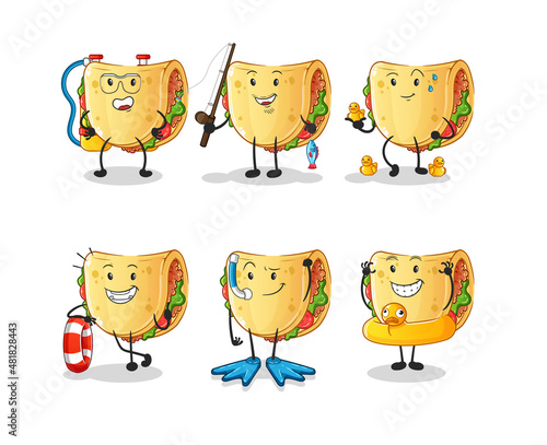 taco water activity group. cartoon mascot vector