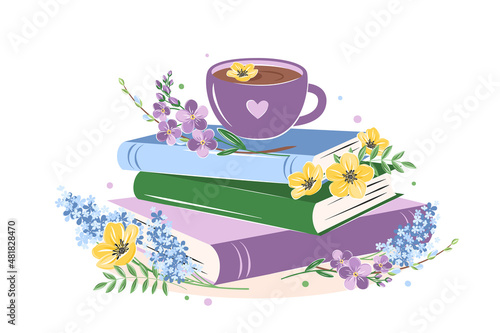 Books, cup coffee or tea with spring bright flowers on white background.  Design for spring greeting card. Vector illustration
