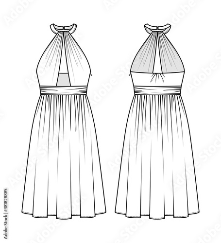 Fashion technical drawing of halter cutout draped dress