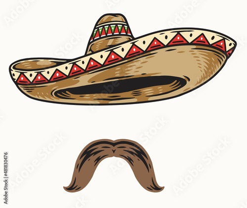 Sombrero and mustache in vintage style photo