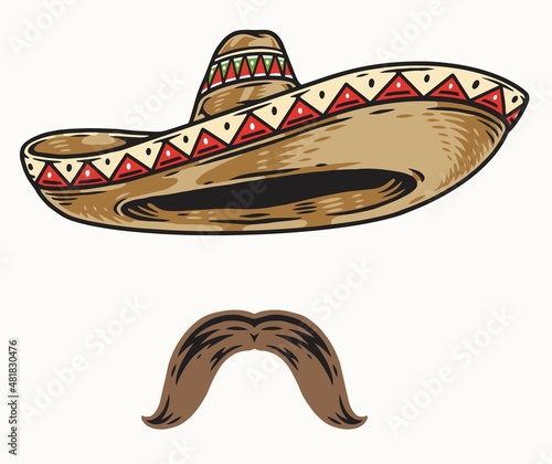 Sombrero and mustache in vintage style