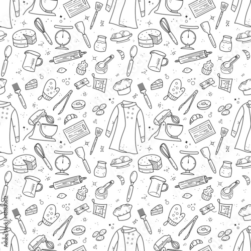 Seamless pattern with doodle baking and cooking elements. Chef uniform, cake, stand mixer, kitchen utensils. Hand drawn black vector illustration for fabric, wallpaper, recipe design