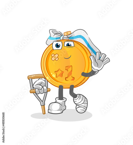 medal sick with limping stick. cartoon mascot vector