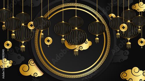 Black and gold chinese china background with lantern, lamp, border, frame, pattern, symbol, cloud, rigid fixed fan and flower.