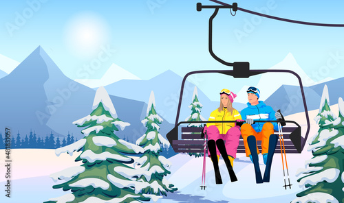 Young couple skiers sit lift on elevator, funicular up in winter mountains nature, pines in snow, snowy slope. Man, woman enjoy sunny frosty day on ski. Sportsmen in ski resort. Vector illustration