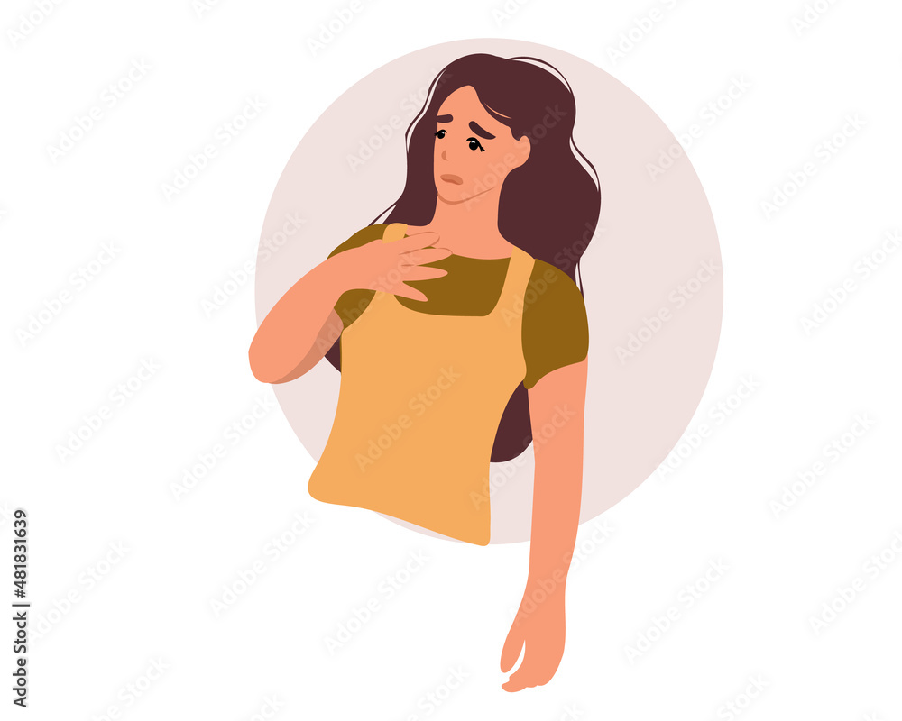 Surprised girl pointing at herself. The young woman indicates that he is puzzled at being chosen with a confused expression. Flat vector illustration Surprised girl pointing at herself. The young woman indicates that he is puzzled at being chosen with a confused expression. Flat vector illustration