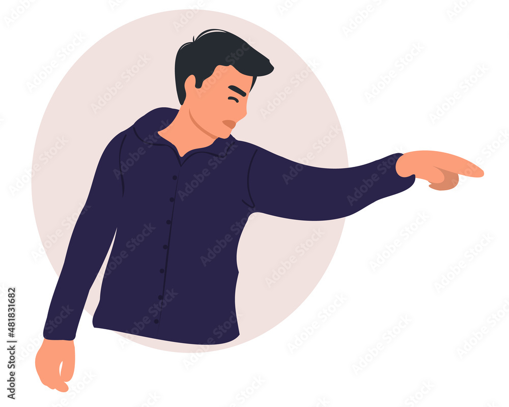 Angry man threatens with a finger. The man screams, accuses and criticizes. Concept of angry gestures. Flat vector illustration Angry man threatens with a finger. The man screams, accuses and criticizes. Concept of angry gestures. Flat vector illustration