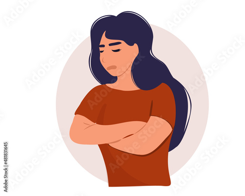A sad woman drowns her face in displeasure. Depressed young girl keep her hands folded. Amnesia depression concept. Struggling with a mental disorder or Alzheimer's disease. Flat vector illustration.