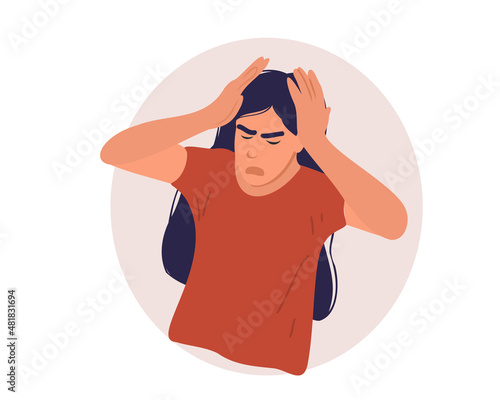 Upset woman holding her head. An angry or stressed young girl is confused. Flat vector illustration