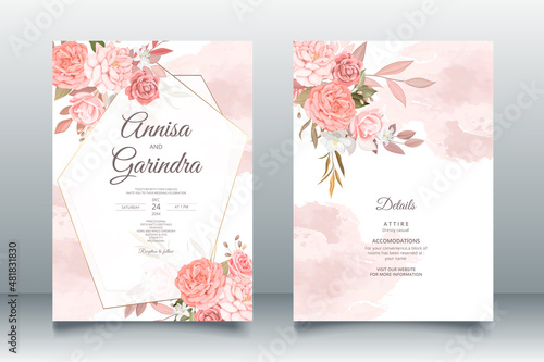 Wedding invitation template set with brown  floral and leaves premium vector