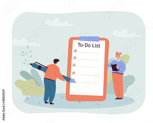Office worker standing in front of big clipboard with to do list. Man with huge pen and blank checklist flat vector illustration. Time management, organization concept for banner or website design