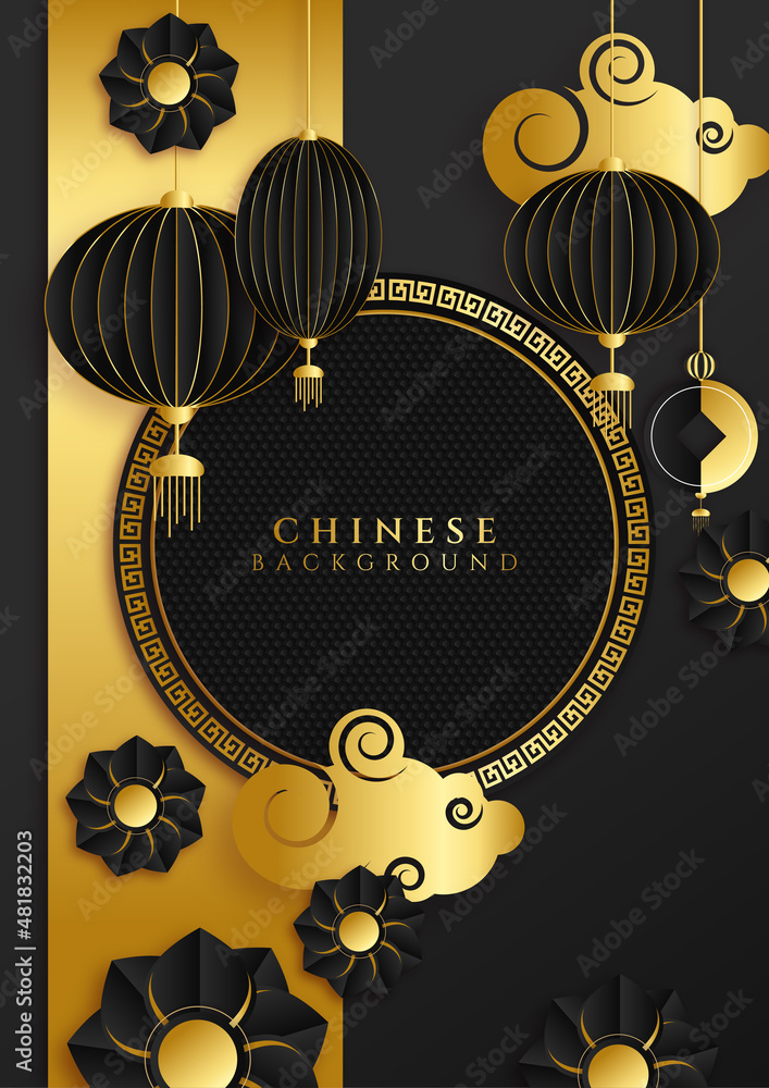 Black and gold chinese china background with lantern, lamp, border