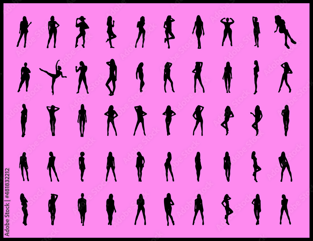 55 vector white silhouettes of beautiful different women on a black background. Great set for your design