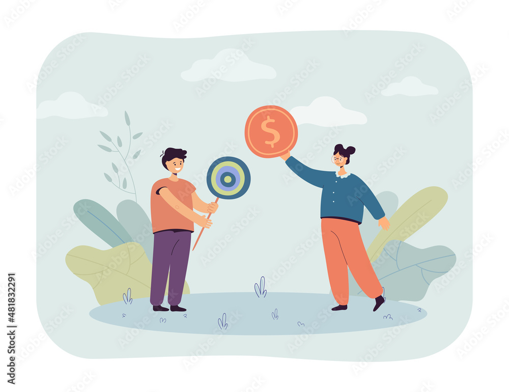 Cartoon girl offering boy money for lollipop. Children exchanging gold coin and candy flat vector illustration. Childhood, financial education concept for banner, website design or landing web page