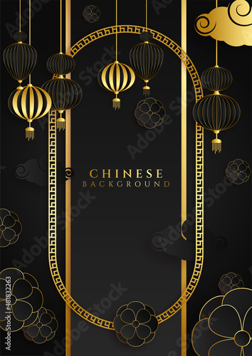 Black and gold chinese china background with lantern, lamp, border, frame, pattern, symbol, cloud, rigid fixed fan and flower.
