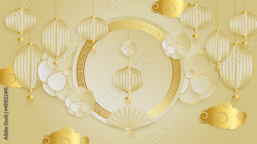 Modern 3d gold chinese china background with lantern, lamp, border, frame, pattern, symbol, cloud, rigid fixed fan and flower.