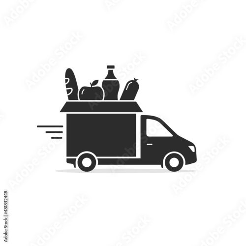 Lorry truck delivering food vector icon isolated illustration. Truck with grocery food in a cardboard box