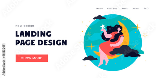Happy woman sitting on crescent and holding star flat vector illustration. Cartoon character sleeping, relaxing and dreaming at night. REM state and healthy dreams concept