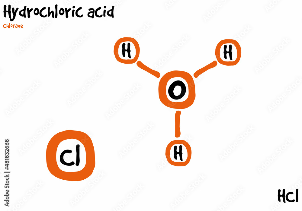 Large and detailed isolated drawn molecule and formular of Hydrochloric acid. - obrazy, fototapety, plakaty 