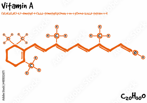 Large and detailed isolated drawn molecule and formular of Vitamin A.
