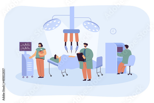 Surgery on cartoon patient using robotic equipment in hospital. Robot conducting surgical operation on man flat vector illustration. Health, technology concept for website design or landing web page