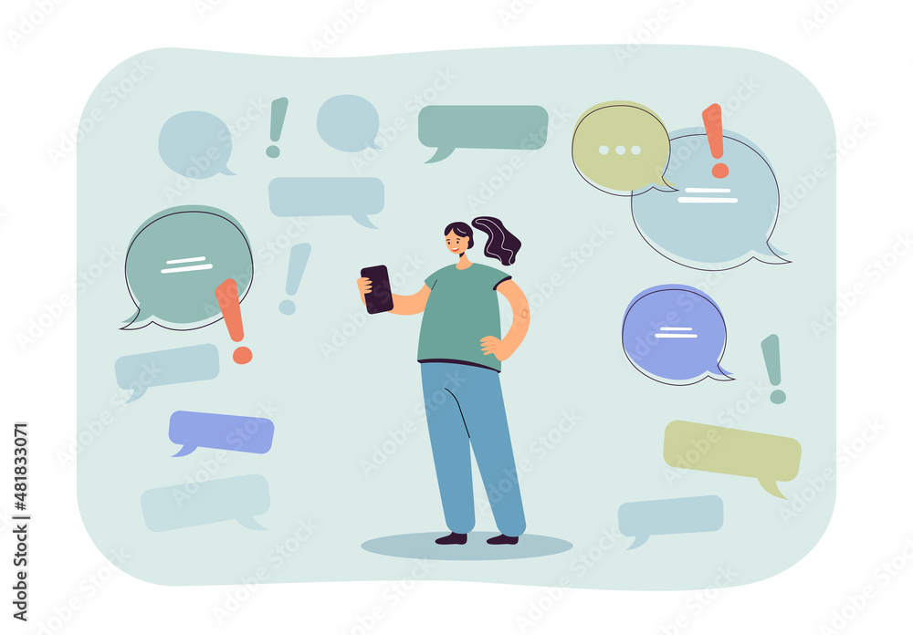 Girl with smartphone in center surrounded by speech bubbles and exclamation marks. Woman communicating online flat vector illustration. Internet concept for banner, website design or landing web page Girl with smartphone in center surrounded by speech bubbles and exclamation marks. Woman communicating online flat vector illustration. Internet concept for banner, website design or landing web page