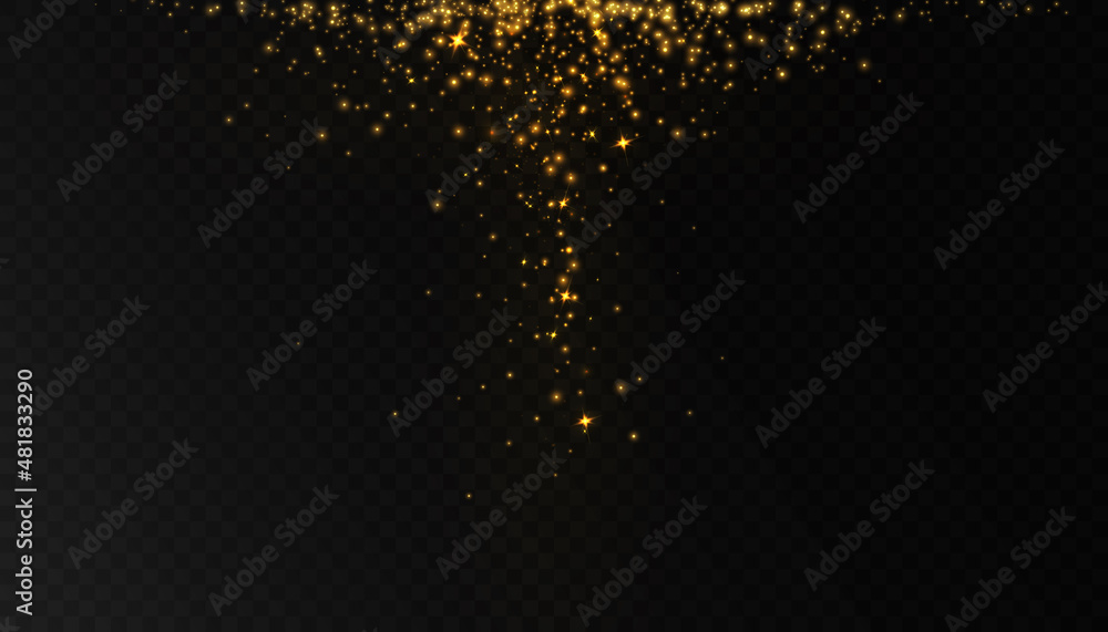 Glowing light effect yellow golden color with lots of shiny particles isolated on transparent background. Vector star cloud with dust.