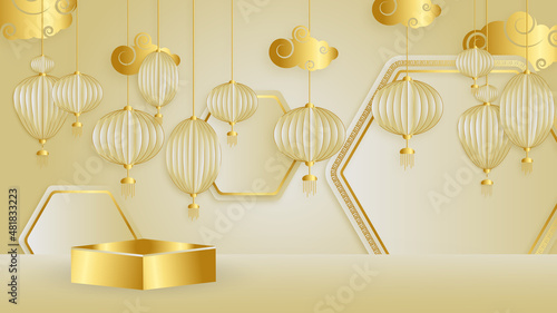 Modern 3d gold chinese china background with lantern, lamp, border, frame, pattern, symbol, cloud, rigid fixed fan and flower.