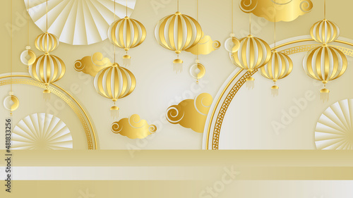Modern 3d gold chinese china background with lantern, lamp, border, frame, pattern, symbol, cloud, rigid fixed fan and flower.
