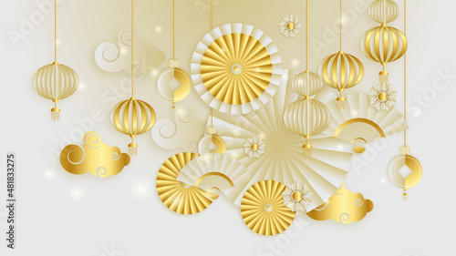 Modern 3d gold chinese china background with lantern, lamp, border, frame, pattern, symbol, cloud, rigid fixed fan and flower.
