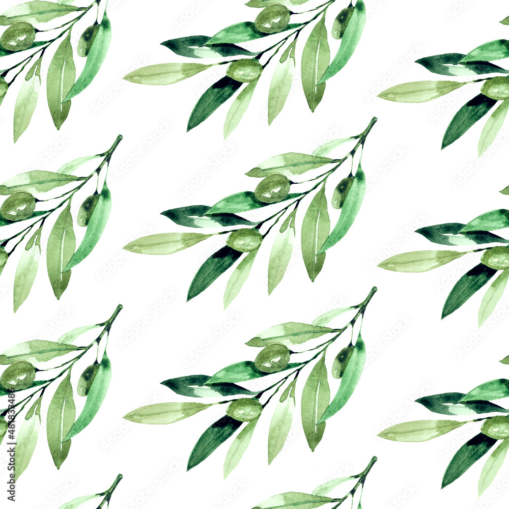 Seamless pattern with Watercolor olives on white Seamless pattern with Watercolor olives on white