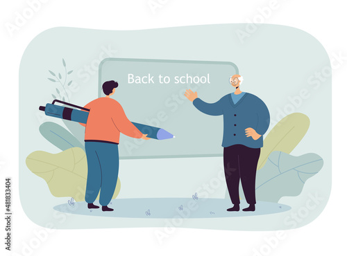 Elderly teacher and student with huge pen next to blackboard. Senior person and male character in classroom flat vector illustration. Back to school  education concept for banner or landing web page